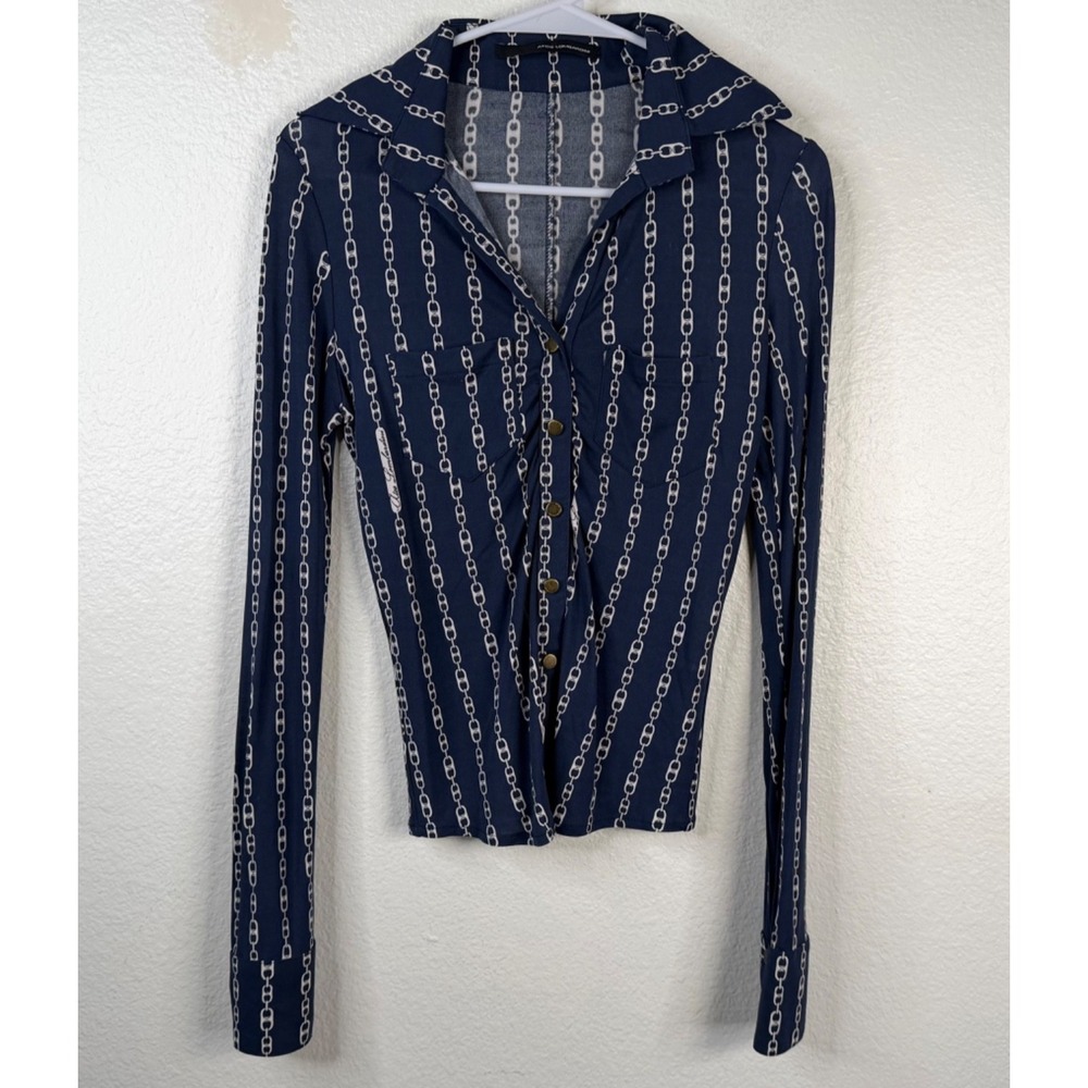 Atos Lombardini Women's Top Blue Sz 42 S Chain Print Button Up Italy Old Money
